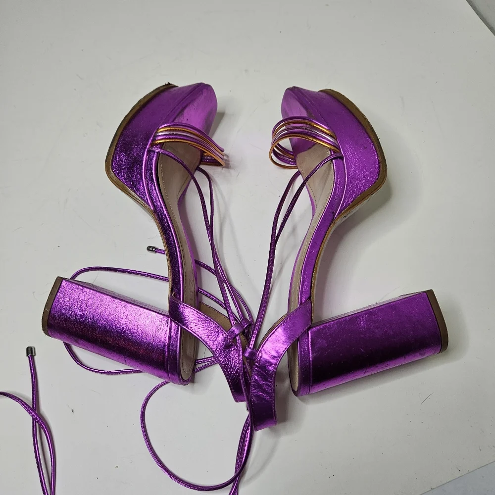 Schutz Arceli Platform in Bright Violet Metallic Ankle Tie Strap Women's 7.5
